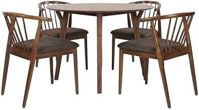Starlight Canyon Home Acacia Veneer Mid-Century Modern Dining Table 5 Piece Set, Round Dining Room Table with Upholstered Chairs, Brown with Grey Upholstery