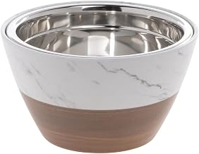 HUBERT Serving Bowl with Stainless Steel Insert Wood and Marble Look Melamine - 7"Dia x 4"H