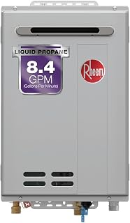 Rheem RTG Series 8.4 GPM Liquid Propane Tankless Water Heater Oudoor | 180,000 BTUs High Efficiency On Demand, Continuous Hot Water | Non-Condensing