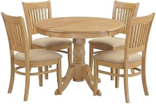 Furnifact Solid Wood Dining Furniture Set with Linen-Upholstered Slatted-Back Chairs, Round Kitchen Table and Chairs for Dining Room, Oak