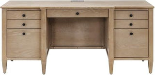 Starlight Wood Credenza Desk, 7 Drawers, 2 Locking Files, Power Center with USB, Ball Bearing Glides, Brown Office Table