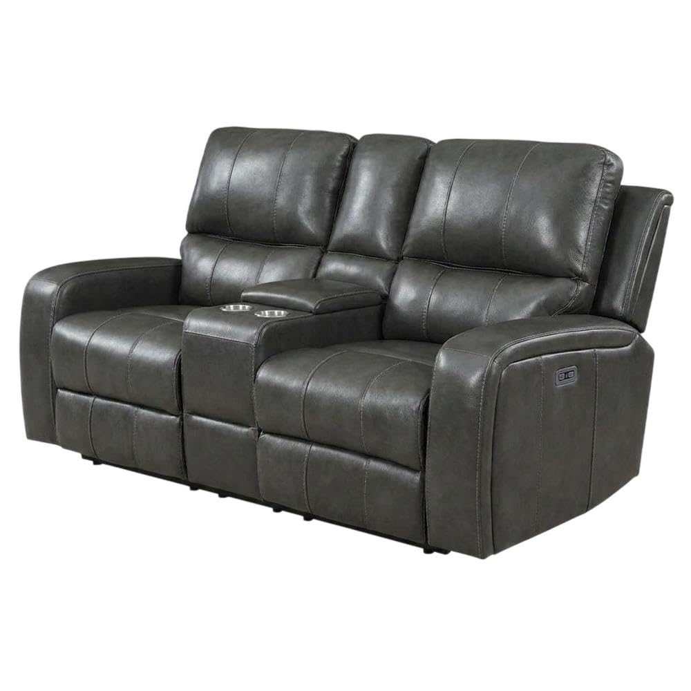 Leather-Upholstered Loveseat with Power Console by Starlight Canyon Home – Hardwood anhd Plywood frame, Full leather front, Grey
