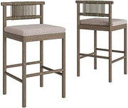 Modway Eleni Set of 2 Outdoor Teak Wood Bar Stools with Rope Backrests in Weathered Gray Pebble - Patio Bar Chairs with Sunproof Foam Cushions
