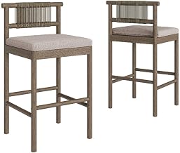 Modway Eleni Set of 2 Outdoor Teak Wood Bar Stools with Rope Backrests in Weathered Gray Pebble - Patio Bar Chairs with Sunproof Foam Cushions