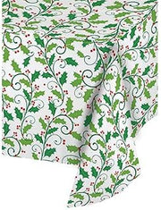 Creative Converting Club Pack Christmas Party Decoration Holly Printed Plastic Banquet Roll 40in x 50ft, Box of 2 Rolls