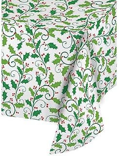 Creative Converting Club Pack Christmas Party Decoration Holly Printed Plastic Banquet Roll 40in x 50ft, Box of 2 Rolls