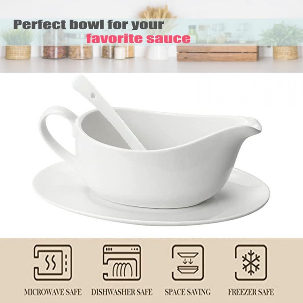 Qlans Ceramic Gravy Boat With Ladle, 17 Ounces, White