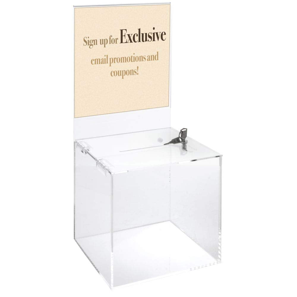 Locking Acrylic Ballot Box with Signholder by AARCO DISPLAY PRODUCTS – Plastic, Clear, Model 1038L