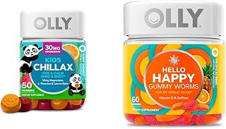 OLLY Kids Chillax, Magnesium Gummies Plus L-Theanine, Lemon Balm & Hello Happy Gummy Worms, Mood Balance Support, Vitamin D, Saffron, Adult Chewable Supplement, Tropical Zing - 60 Count