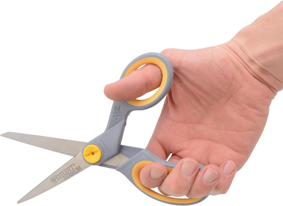 8” Titanium Bonded Scissors with Adjustable Glide and Soft Handle by Westcott – 2-Pack, Titanium Bonded, Gray/Yellow, Model 13901