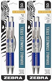 Zebra Technologies G-301 Gel Pen, Retractable, Medium 0.7 mm, Blue Ink, Stainless Steel/Blue Barrel, 2/Pack, Sold as 2 Pack