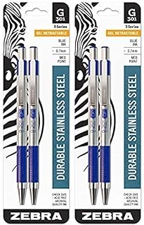 Zebra Technologies G-301 Gel Pen, Retractable, Medium 0.7 mm, Blue Ink, Stainless Steel/Blue Barrel, 2/Pack, Sold as 2 Pack