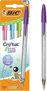 BIC Cristal Fun Coloured Ballpoint Pens with Wide Tip (1.6mm) - Assorted Colours (Pack of 4)