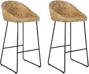 Furnifact Water Hyacinth Counter Stool Set of Two with Iron Footrest, Sled Base Woven Coastal Bar Stools for Kitchen Island and Dining Room