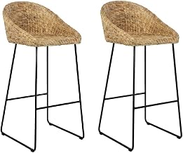 Furnifact Water Hyacinth Counter Stool Set of Two with Iron Footrest, Sled Base Woven Coastal Bar Stools for Kitchen Island and Dining Room