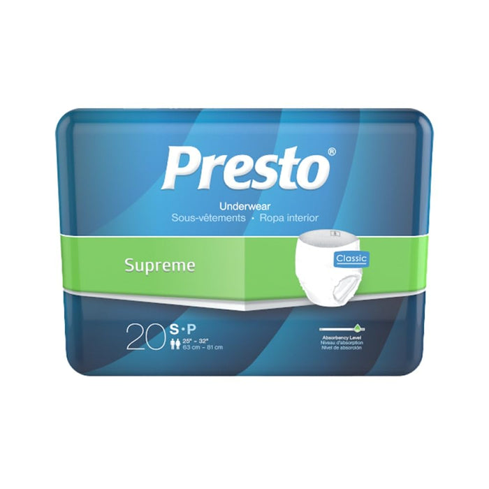 Presto Supreme Classic Unisex Incontinence Underwear, Small 25"-36" Waist