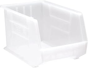Quantum Storage QUS260 Heavy-Duty Stackable Plastic Storage Bins for Workshop, Warehouse & Garage, Ultra Stack & Hang, 18" x 11" x 10", Clear, 4-Pack