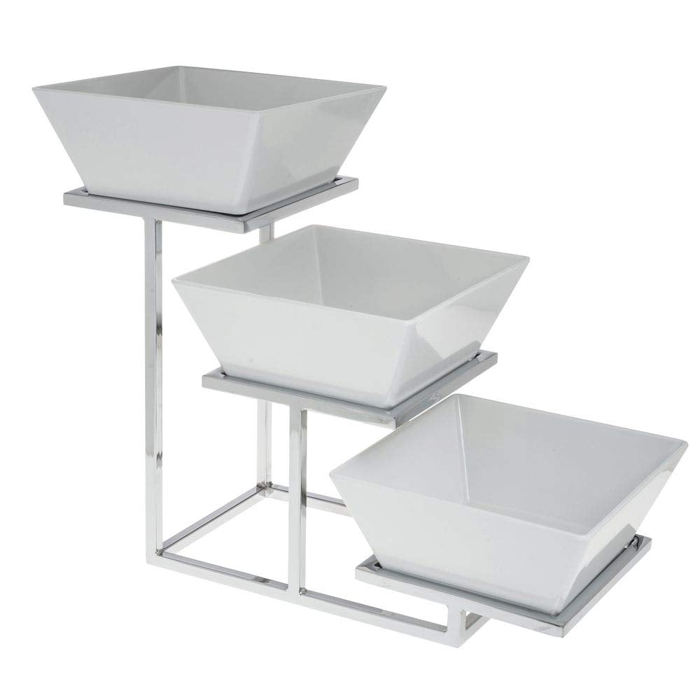 Cerve Collection Chrome 3-Tiered Buffet Stand for Bowls - 8"L x 20 1/2"W x 14"H by HUBERT – Metal, Grey