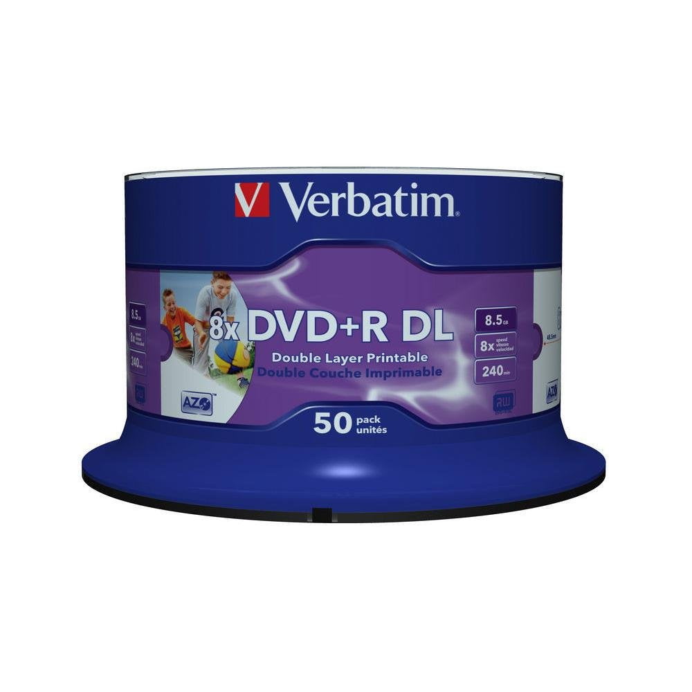 43703 50 DVD+R 8X Double Layer Printable by Verbatim – 50er-Pack Spindle, black, Pack of 50, Model 0023942437031