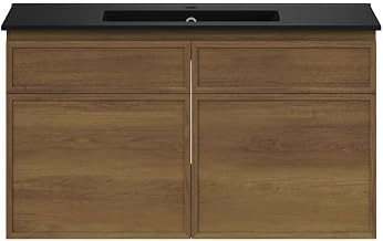 Swiss Madison St. Tropez 36" Wall-Mounted Bathroom Vanity in Brown Oak with Black Sink Top