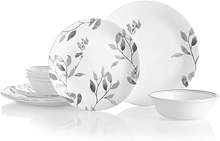 Corelle 12-Piece Vitrelle Misty Leaves Chip and Break Resistant Dinner Set, Grey
