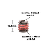 E-Z LOK 8.6mm / M6-1.0 Internal Threads, M10x1.5 External Threads, 10.49 mm Length / Red Thread Locking Inserts