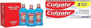 Colgate Total Mouthwash, Alcohol Free Mouthwash, Peppermint, 33.8 Ounce, 3 Pack & Baking Soda & Peroxide Toothpaste - Whitens Teeth, Fights Cavities & Removes Stains, Brisk Mint, 6 Oz, 2 Pack