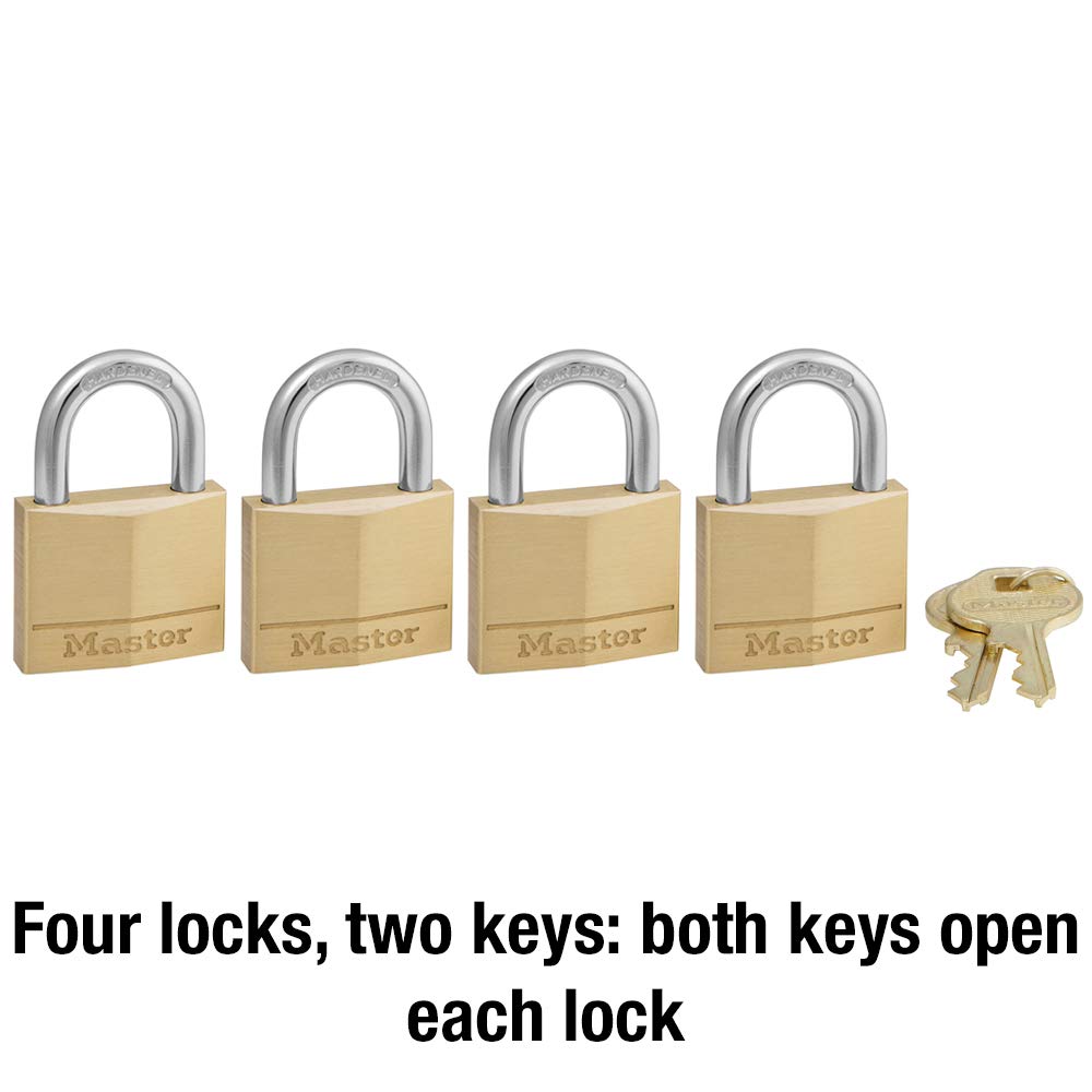 Solid Brass Padlock with Key by Master Lock – 4 Pack, Brass, Brass, Silver, Model 140Q