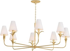 Troy Lighting Quill 8-Light Chandelier | Gilded Ivory Finish | White Linen Shades | Botanical-Inspired Ceiling Light | Curved Armatures and Leaf Details | 57.5" W x 22.75" H | F4758-GLI