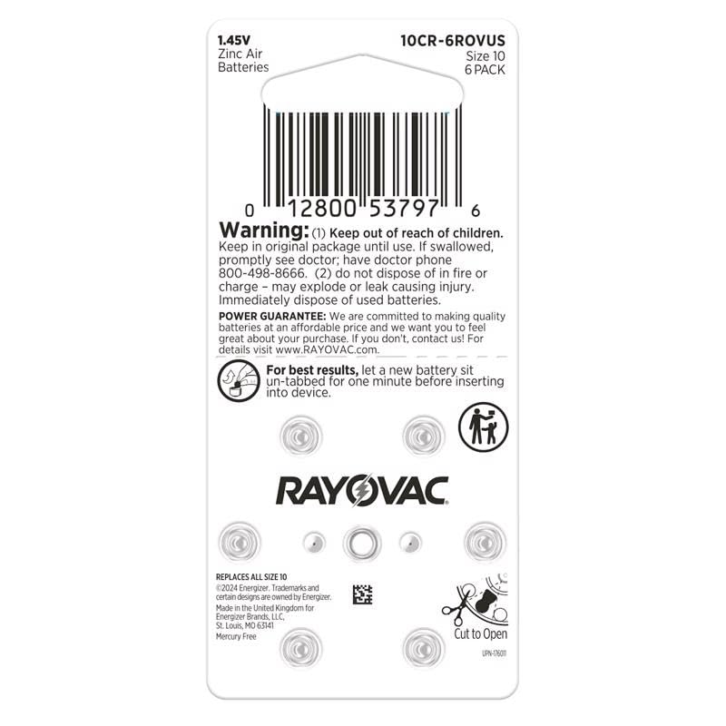 Size 10 Hearing Aid Batteries (6 Pack) by Rayovac – Yellow, Pack of 6, Model E302395500