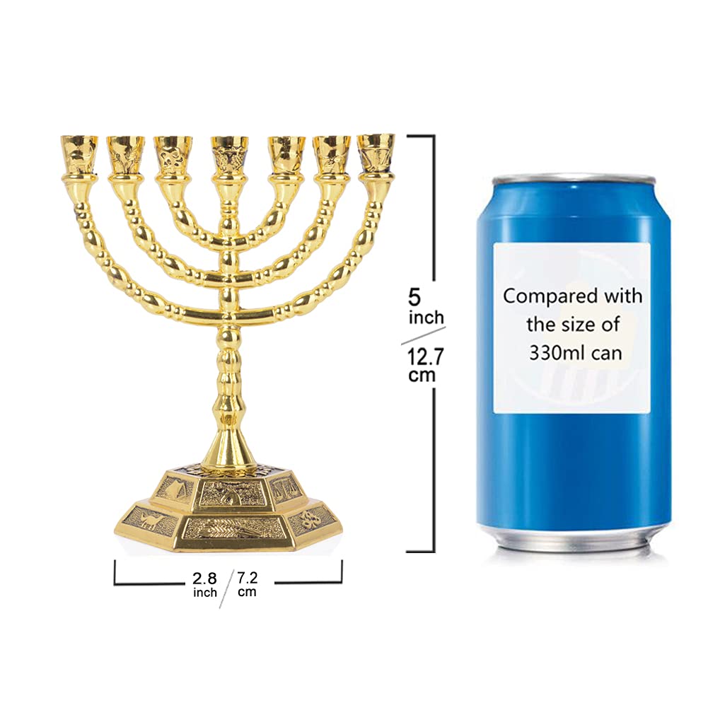 BRTAGG 12 Tribes Menorah, 7 Branch Candle Holder, Gold 5 Inches