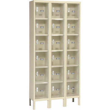 Global Clear View Locker Six Tier 12x12x12-18 Doors Unassembled - Tan by Hallowell – 12x12x12, Alloy Steel, Tan, Model USVP3228-6PT-GL