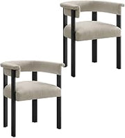 Furnifact Fabric-Upholstered Barrel Dining Chairs Set of 2, Upholstered Kitchen and Dining Room Chairs for Dining Table, Heathered Weave Ivory Black