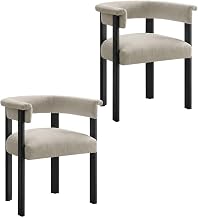 Furnifact Fabric-Upholstered Barrel Dining Chairs Set of 2, Upholstered Kitchen and Dining Room Chairs for Dining Table, Heathered Weave Ivory Black