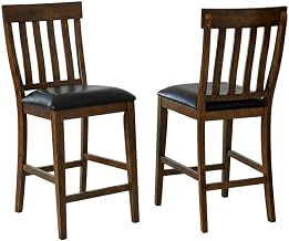 Starlight Canyon Home Rustic Whiskey Mariposa Slatback Counter Chair with Upholstered Seat, 2-Piece Set, Solid Rubberwood, Transitional Style, Faux Leather Upholstery