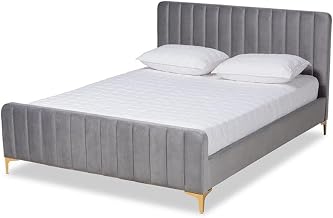 NAMI Modern Glam and Luxe Light Grey Velvet Fabric and Gold Finished Queen Size PLATFOR