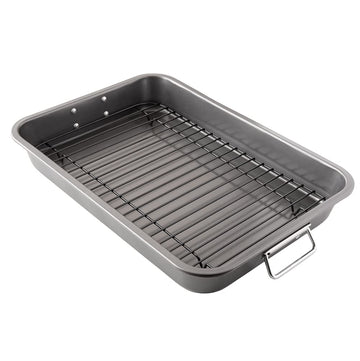 Chef Pomodoro Nonstick Carbon Steel Roasting Pan with Rack, Large, Dark Gray
