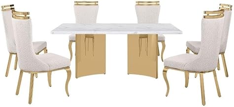 7 Piece White Marble Dining Set with Stainless Steel Base