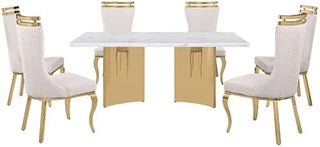 7 Piece White Marble Dining Set with Stainless Steel Base
