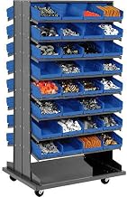 Global Industrial Double-Sided Mobile Rack, 16 Shelvs with (64) 8" W Blue Bins