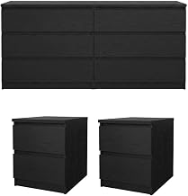 Furnifact Black 3-Piece Bedroom Set with Double Dresser and Nightstand, Timeless Style, Metal Drawer Runners, Wipe Clean Finish, Durable Construction