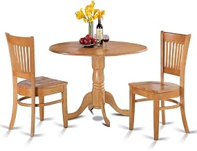 Furnifact Solid Wood Kitchen Nook Dining Set 3-Piece, Round Drop-Leaf Table Slatted-Back Chairs Small Kitchen Table for 2