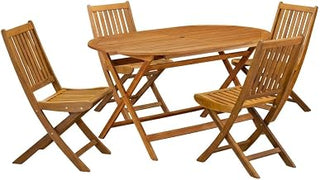 Wood Oil Finish 5-Piece Outdoor Rectangle Dining Table Set with 4 Slatted Back Chairs, Durable Wood Construction for Patio, Deck, Garden