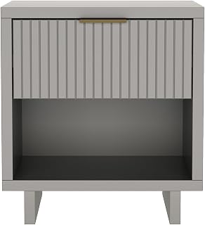 Elara 18 Inch Nightstand with Drawer and Shelf, Solid Wood Bedside Table, Modern Fluted Design with Soft-Close Mechanism, Compact Bedroom Stand, Light Gray
