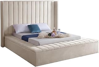 Starlight Canyon Home Velvet-Upholstered Platform Bed, Wingback Button-Tufted King Size Bed Frame with Headboard for Bedroom Furniture, Cream Velvet