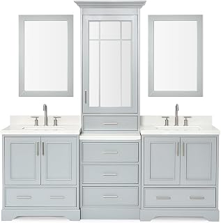 ARIEL Stafford 85 in. Double Rectangle Sink Vanity Set with White Quartz Countertops in Grey