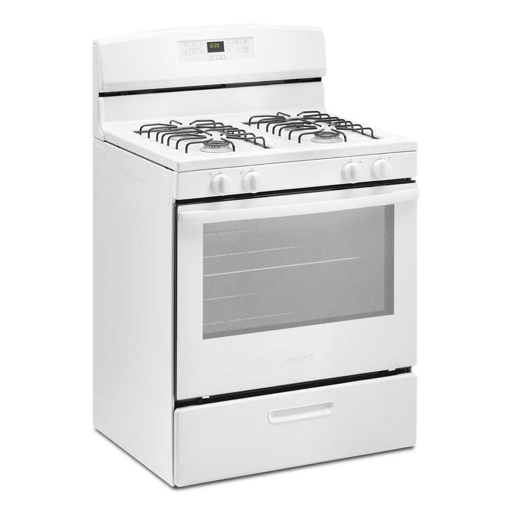 White Freestanding Gas Range with 5.1 Cu. Ft. & Bake Assist Temps by AMANA – 5.1 cubic_feet, Steel (porcelain‑coated)., Model AGR6303MMW