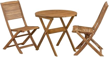 Oil Finish 3 Piece Outdoor Bistro Set with Round Acacia Coffee Table and 2 Side Chairs, Durable Acacia Wood Patio Furniture
