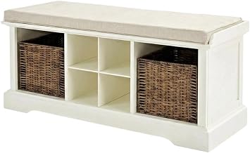 Furnifact White Entryway Storage Bench with 2 Wicker Baskets, MDF and Birch Veneer, Cushioned Seat, Hallway Seating and Organizer