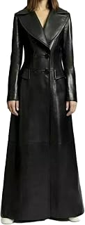 Women's Trench Coat Leather Lambskin Long Overcoat Jacket Real Genuine Black For Women